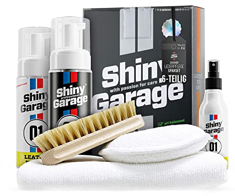 Shiny Garage Lederpflege-Set Strong: Leather Kit - Leder Reinigung & Pflege inkl. Lederbürste - Premium Auto Lederreiniger, Lederpflege Conditioner, Cleaner - Ideal für Autositze o. Sofas | 6-tlg.