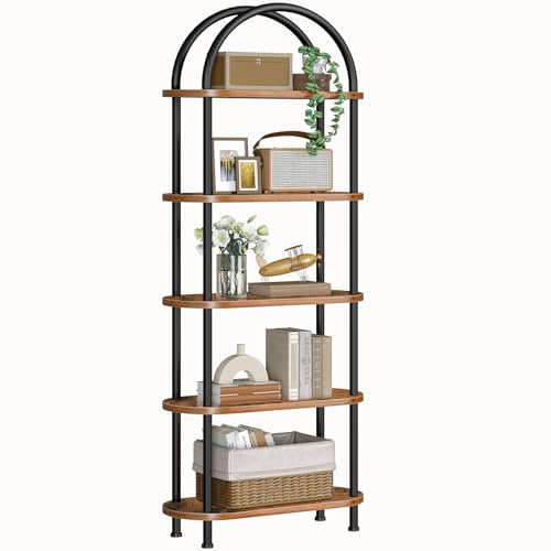 HOOBRO 5-Tier Bookshelf, Bookcase with Metal Frame, Floor Standing Book Shelf, Arched Storage Shelf for Living Room, Office, 43 x 30 x 176 cm, Rustic Brown and Black EBF176SJ01