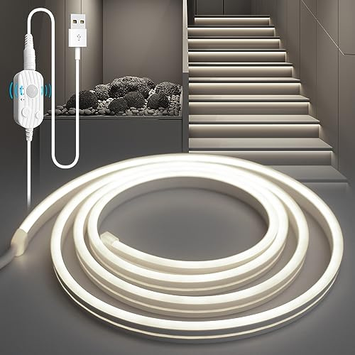 YOODI LED Band mit Bewegungsmelder, 5M Kaltweißes Licht LED Strip Flexible PVC Schneidbare, Treppenstufenbeleuchtung mit 3 Modi, Sensor Streifen mit Timing-Funktion für Küche Schlafzimmer Schrank