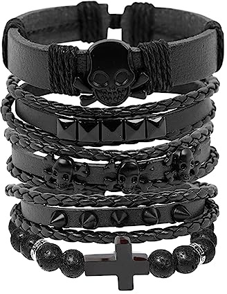 MILAKOO 5 Stück Herren Lederarmband Punk Goth Kunstleder Nieten Unendlichkeit Armbänder Schwarz Männer Geflochtens Armband