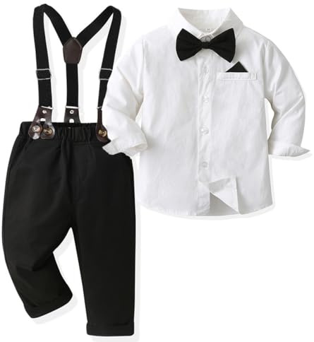 Baby pojkar kostym kläder set klänning sparkbyxor hängslen fluga slips 4 delar kostym gentleman festlig dop bröllop långärmad baby klänning barn 6 månader 6 år, BB-svart, 4 år