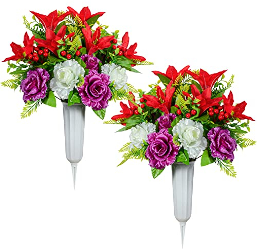 SIFOEL Artificial Cemetery Flowers, 2 Sets Red Lily Bouquets with Vase for Graveyard Decoration