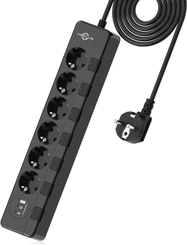 Steckdosenleiste überspannungsschutz(4000W 16A),KEPLUG Mehrfachsteckdose mit 3 USB, einzeln schaltbar wandmontage kindersicherung,Steckdose 2 m Kabel