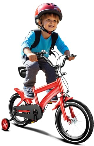 NaMaSyo 14 Zoll Kinderfahrrad mit Stützrädern Fahrrad Jungen Mädchen Kinder Fahrrad für ab 3-6 Jahre Fahrräder Kinderrad Ausbildungsfahrzeuge Höhe Einstellen (Rot)
