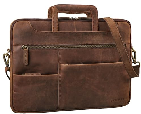 STILORD Farleigh 15,6 tum laptopväska läder med handtag axelväska män arbete resor affärsväska smalt äkta läder laptopfodral med axelrem och handledsrem, Zamora – brun, Medium