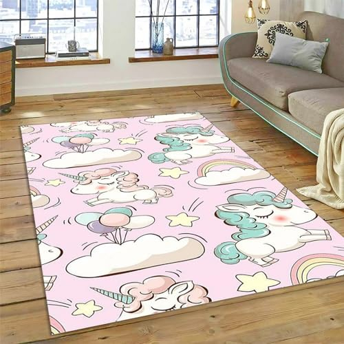 Kinderteppich Einhorn-Cartoon-Tier - Kurzflor Teppich Kinderzimmer Spielteppich Antiallergen Und Extra Weich - Babyzimmer Teppiche Für Junge Und Mädchen Babyteppich 160 X 230 cm / 62.99 X 90.5-4P0R0
