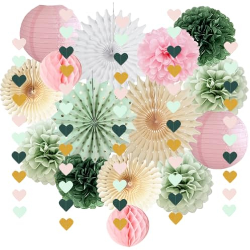 Party Deko Grün Rosa Seidenpapier Pompoms Salbeigrün Rosa Papierfächer Papierlaterne Grün Rosa Herz Girlande für Geburtstags Babyparty Hochzeit Party Dekorationen