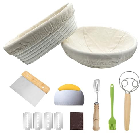 Sourdough Bread Banneton Proofing Baskets Set with Bread Knife and Tools,10 Inch Bread Proofing Basket,Baking Gift Kit, Dough Scraper, Cloth Liner and Brush,Reusable Proofing Basket, Bread Mold Kit B