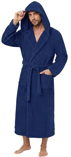 PJGGZ Men's Bathrobe with Hood, Soft Long Towel Robe for Men - Super Absorbent Quick Dry yet Warm(Navy,L/XL)