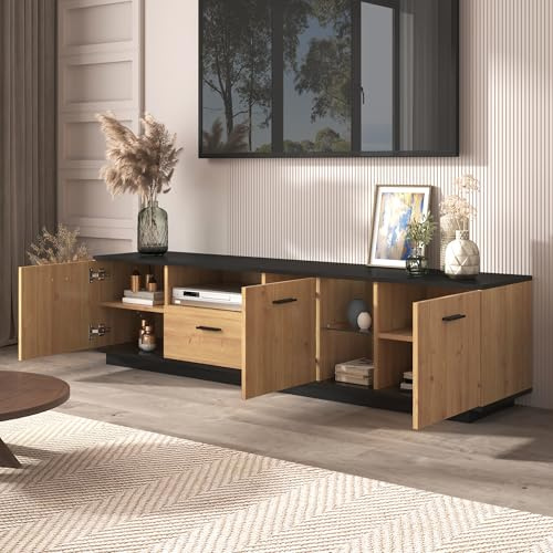 Gegtuon TV-Schrank TV Board 180 cm für Fernseher, Lowboard Fernsehtisch mit Stauraum Fächern & Schubladen, Fernsehschrank mit Türen für Wohnzimmer Schlafzimmer, 180x45x40cm (L/H/B), Schwarz + Natur