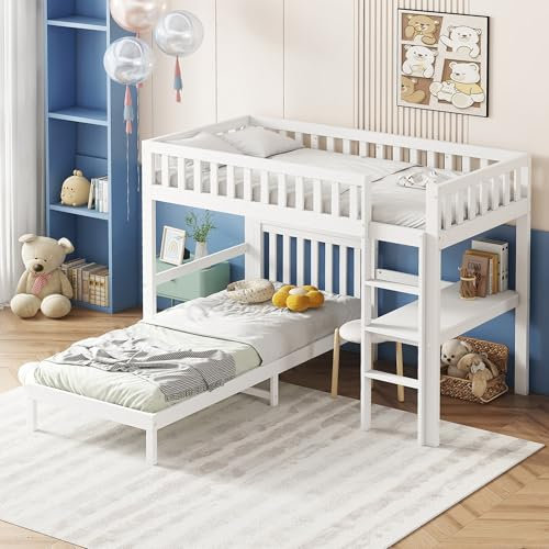 Platzsparendes Etagenbett 90x200 cm für 2 Kinder, Hochbett mit Schreibtisch und Leiter, Kinderbetten mit Lattenrost und Rausfallschutz, Funktionsbett Stockbett Jugendhochbett, Weiß, ohne Matratze