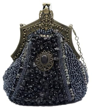 CORIOS Vintage 1920s Abendtasche Damen Floral Clutch Tasche Handgemachte Perle Handtasche Elegante Schultertasche Kette Umhängetasche Klein Tasche für Hochzeit Abschlussball Bankett-Party Dunkelgrau