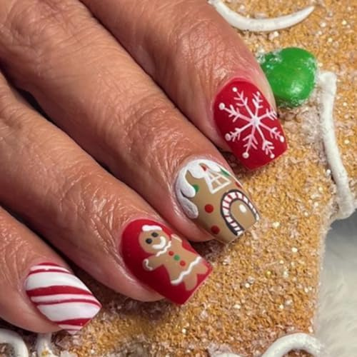 Ceboic 24 Pcs Weihnachten Press on Nails Kurz, Eckig Künstliche Nägel Acryl French Nägel Zum Aufkleben mit Lebkuchenmann Schneeflocken Design, Full Cover Fingernägel Kunstnägel Fake Nails für Frauen