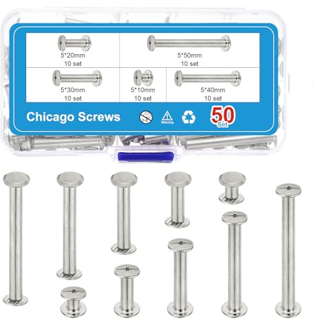 PATIKIL 100Sets Chicago Screws, M5 x 10/20/30/40/50mm Stainless Steel Chicago Screw Phillips Binding Post Screw Rivets for Leather Belt Scrapbook, Silver