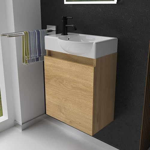 Alpenberger Waschbecken mit Unterschrank Gäste WC 45cm hängend Eiche Natur | Kleiner Waschtisch mit Unterschrank: Keramik & MDF, wandhängend, Softclose Tür, mit Überlauf, für kleine Bäder, Rechts Becken