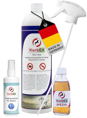 KerbEx Kombiset Blau Insektenabwehrmittel für Pferde bei starkem Insektenbefall - inkl. 1L Sprühflasche, 100 ml Spezialöl, Insektenschutz für Reiter – Made in Germany