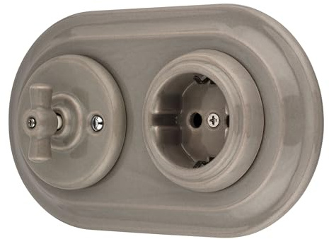 Unterputz Porzellan Retro Steckdose, Rotary Schalter, 2-fach, All-in-One, SET Serie PR1 graubeige