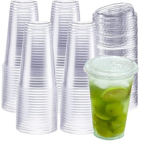 Vasos de plástico transparente de 20 onzas, paquete de 90 con tapas sin popote, vasos desechables de PET duraderos para café helado, batidos, bebidas frías, ideal para fiestas y eventos