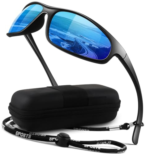 LINVO polariserade sportsolglasögon för män kvinnor, ultralätt svepa runt UV400-skyddssolglasögon för körning, fiske, A02 Svart isblå, Medium