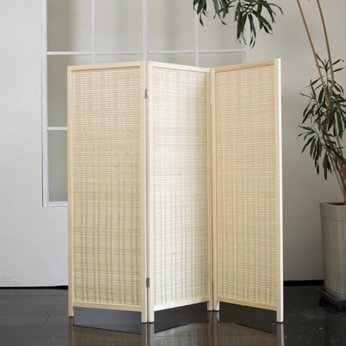 Loomveil 3 Panel Short Room Divider Folding Screen,47 inch Bamboo Panel Divider for Home Partition,Beige