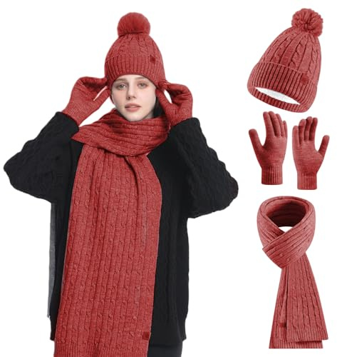 HOSPAOP Conjunto de gorro, bufanda y guantes para mujer, 3 en 1, gorro de invierno para mujer, gorro con pompón, bufanda de invierno, guantes para pantalla táctil, set de calor para exteriores y uso