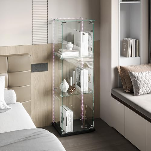 Transparent vitrinskåp med lampa, modernt vitrinskåp på fötter i härdat glas, vitrinskåp i glas med 3 hyllor med dörr, samlarvitriner för vardagsrum, sovrum, 78,5 x 35 x 117 cm