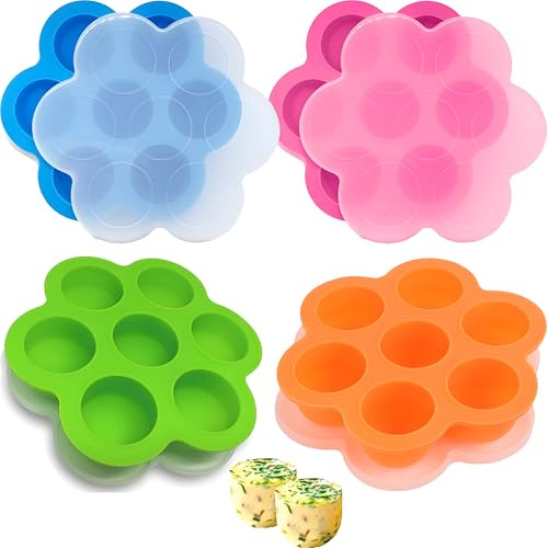 GOKCEN's Silicone Egg Bite Molds [4 Pack] Instant Pot Accessories - Total 28 Cups Muffin Pan for Baking - Food Freezer Tray with Lid - Reusable Storage Container (4Pcs/Blue-Orange-Pink-Green)