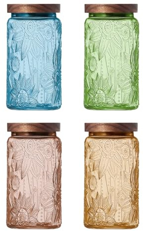 Glass Storage Jars with Wooden Lids - 1000 ML Set of 4 Vintage Kitchen Canisters, Airtight Biscuit Barrel and Tin, Decorative Containers for Cookie, Tea, Coffee, Sugar, Sweet, Cereal, Flour, Sunflower