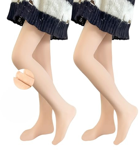 Domueay Niñas Térmicas Medias con Forro Polar, 2 pares, Suaves y Elegantes Mallas con pies Opacas de Invierno, Elásticas Pantis Ballet Danza Uniforme escolar para 2-4 años, Color piel