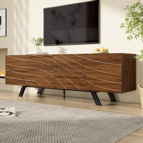 Lcoho Mueble de TV moderno con frente ondulado – Mueble bajo de nogal con patas de hierro negro, gran espacio de almacenamiento, gestión de cables y estante, mueble de TV para salón, pasillo (160 × 39