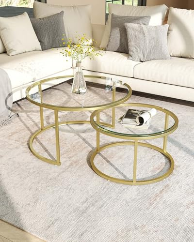 Xinyvee Mesa de Centro Salon Redonda Set de 2 Mesas Nido de Cristal Templado y Metal Dorado Mesa Auxiliar Sofa Modernas y Salvaspazio para Salón y Oficina, Muebles de Salon 80+60cm