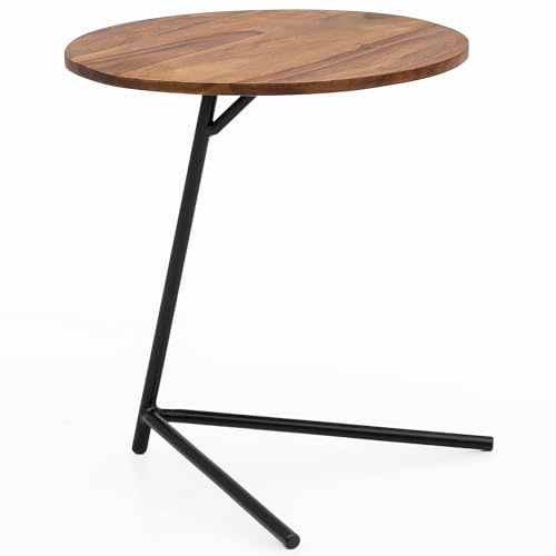 FineBuy Beistelltisch Rund 40x40x46 cm Sheesham Massivholz Metallbeine | kleiner Couchtisch Industrial, Anstelltisch aus Echtholz, Sofatisch handgefertigt, jedes Stück ein Unikat