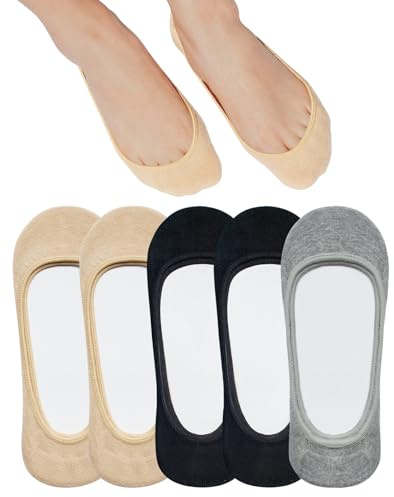 SIXDAYSOX No Show Socks for Women 5 Pack Ultra Low Cut Liner Socks with Non-Slip Heel Grips Size 9-11(Black,Nude,Gray)