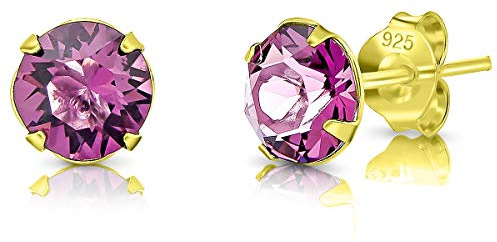 Pendientes Mujer Plata de Ley 925 Chapados Oro 24K con Brillantes de Cristal Amatista 6 mm - Pendientes de Botón Oro - Clásicos, Elegantes, Dorados y Hipoalergénicos
