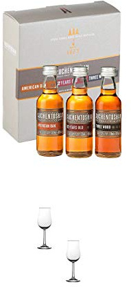 Auchentoshan Mini-Collection 12 Jahre/Three Wood/American Oak 3 x 5cl + Nosing Gläser Kelchglas Bugatti mit Eichstrich 2cl und 4cl - 2 Stück