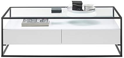 Robas Lund Couchtisch Glastisch mit Schubladen Weiß, BxHxT 120x40x60 cm
