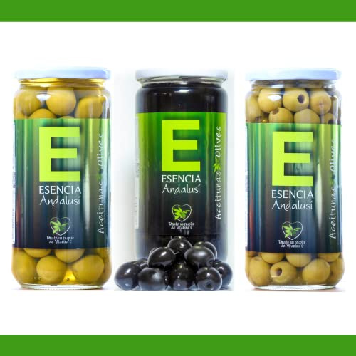 Aceitunas Manzanilla Extra Sabor Anchoa con hueso, sin hueso y Manzanilla negra. Aceitunas Manzanilla Pack 3 tarros de 700Gr. Ideales para ensalada Aperitivos sanos