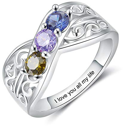 ALBERTBAND Bagues pour Femmes Bague Personnalisée avec 2-5 Pierres de Naissance Simulées Bagues de Fiançailles en Argent Gravure Dames Mère Grand-mère Cadeau pour la Fête des Mères (3 pierres, 58)