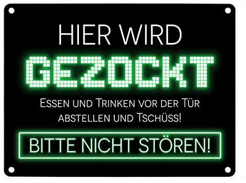 Hier wird gezockt Metallschild in 15x20 cm für Gamer in grün lustige Geschenkidee für Jungen und Mädchen die Computerspiele lieben und am liebsten den ganzen Tag zocken würden