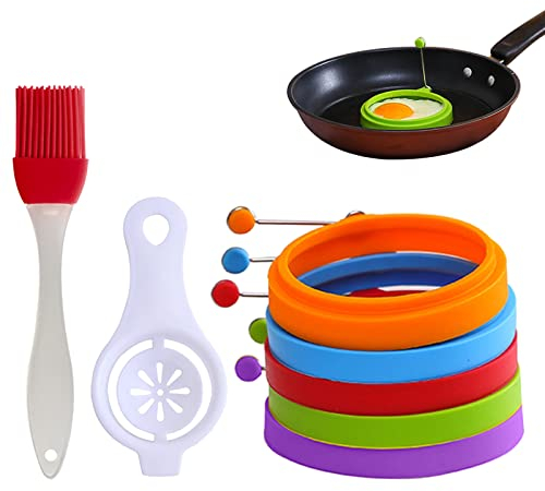 Ancuioyz Spiegeleiformen, Spiegelei Silikonform Pancake Form Egg Ring Kreative Omelett Mit Eierabscheider + Ölpinsel, Geeignet für Spiegeleier, Pfannkuchen, Gebratenes Fleisch(7 Stück)