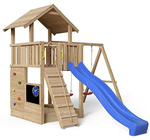 Spielturm Mia 360 - natürlich Lärche - außergewöhnlich - Spielturm mit Holzdach, Kletterwand, Kreidetafel, Rampe mit Seil, Sandkasten, Doppelschaukel und Rutsche blau