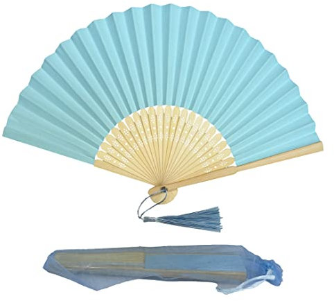 Abanico plegable de mano de papel con borla y varillas de bambú de grado A para mujeres y niñas, regalo de fiesta de verano, cumpleaños, boda (azul bebé)