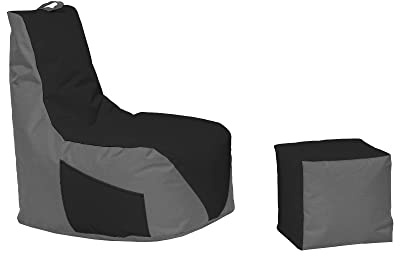Momiralland Gaming Sitzsack - mit Lehne Sitzkissen - Beanbag - mit Reißverschluss - BodenKissen Sessel In- & Outdoor geeignet - Gaming mit PC Xbox & Playstation (Anthrzit - Schwarz, Sitzsack + Hocker)