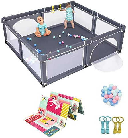 Costway 206 x 186 cm baby-lekhage med 50 lekbollar, lekhage med ventilerande nät och dragkedja, krypställning med 2 dörrar, lekgaller för spädbarn och barn (mörkgrå, rosa madrass)