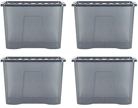 Wham Crystal 4 x 80L Stackable Plastic Storage Boxes with Lids | Ideal for Home, Office, Toys & More | Large Boxes | Made in UK - Smoke