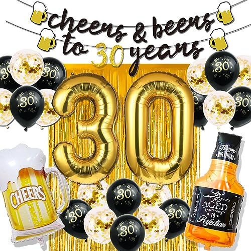 Cefanty Dekoration zum 30. Geburtstag für Ihn, 30 Geburtstagsdekorationen mit 101,6 cm goldenen 30 Zahlenballons, Prost bis 30 Jahre Banner, Fransenvorhänge und Tassen, Folienballons