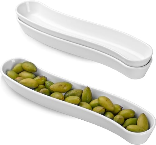 Dizada Olive Plates 3-Pack 12 - White Porcelain Long Arc Boat Trays, Ceramic Appetizer Platter for Charcuterie, Snacks, Entertaining, Dishwasher Microwave Oven Safe
