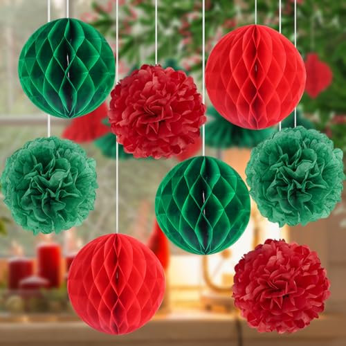 Minicoco Christmas Decoration Set, 8PCS Red Green Reusable Tissue Paper Pom Poms Honeycomb Balls for Xmas Christmas Party Winter Festival New Year Home Party Decoration