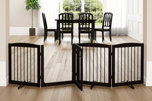 PUPETPO Freestanding Dog Gate with Door, Pet Gate for Stairs, 80 inch Wide Pet Barrier Indoor, Dog Fences Indoor, Support Feet Included, 4 Panels, 24 Tall, Dark Brown