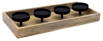 Mango Adventskerzen Halter 40 x 19 cm - für 4 Stumpenkerzen - Holz Kerzentablett mit Metall Kerzentellern - Deko Kerzenleuchter Kerzenhalter Kerzenständer Adventskranz Advent Tischdeko